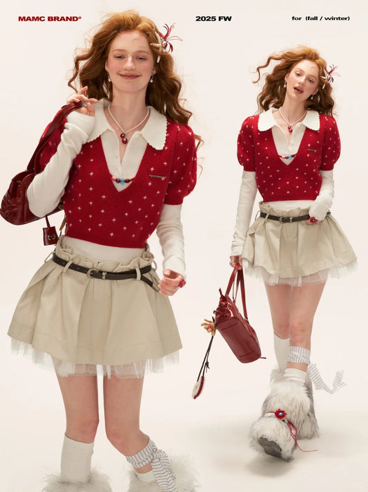 MAMC - Vintage Crochet V-Neck Puff Sleeve Sweater WE837 - RED