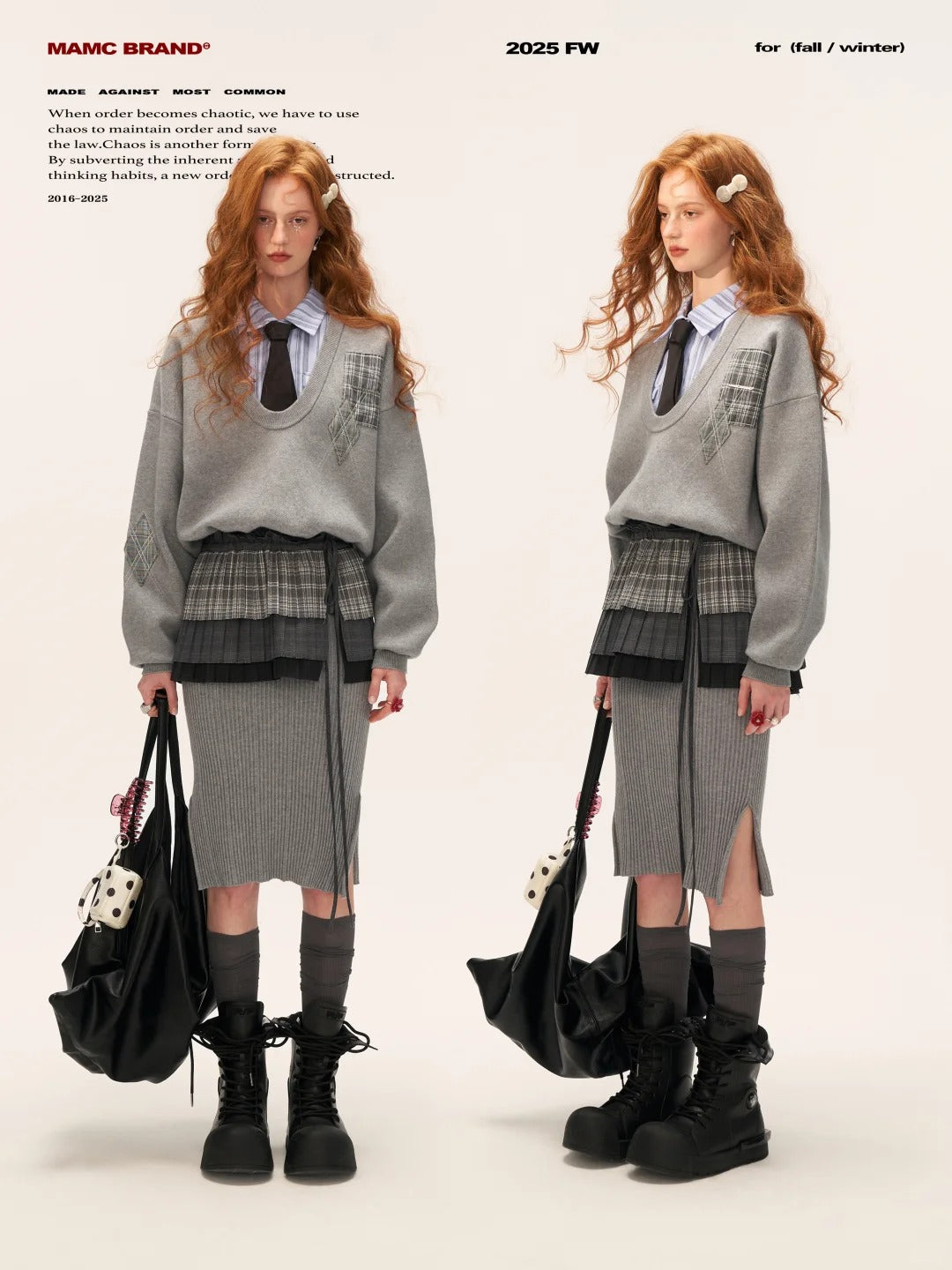 MAMC - Plaid Patchwork Knit Dress with Pleated Layered Apron Skirt WE812