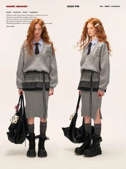 MAMC - Plaid Patchwork Knit Dress with Pleated Layered Apron Skirt WE812