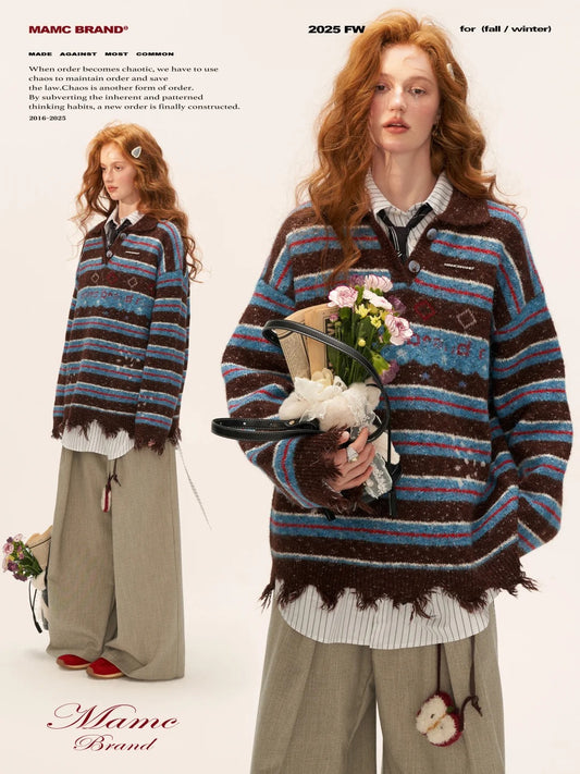 MAMC - Star Stripe Polo Knit Sweater WE768 - BLUE