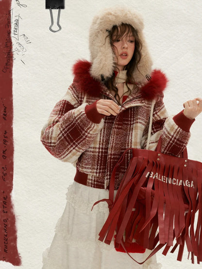 MAMC - Woven Plaid Contrast-Fur Hooded Jacket