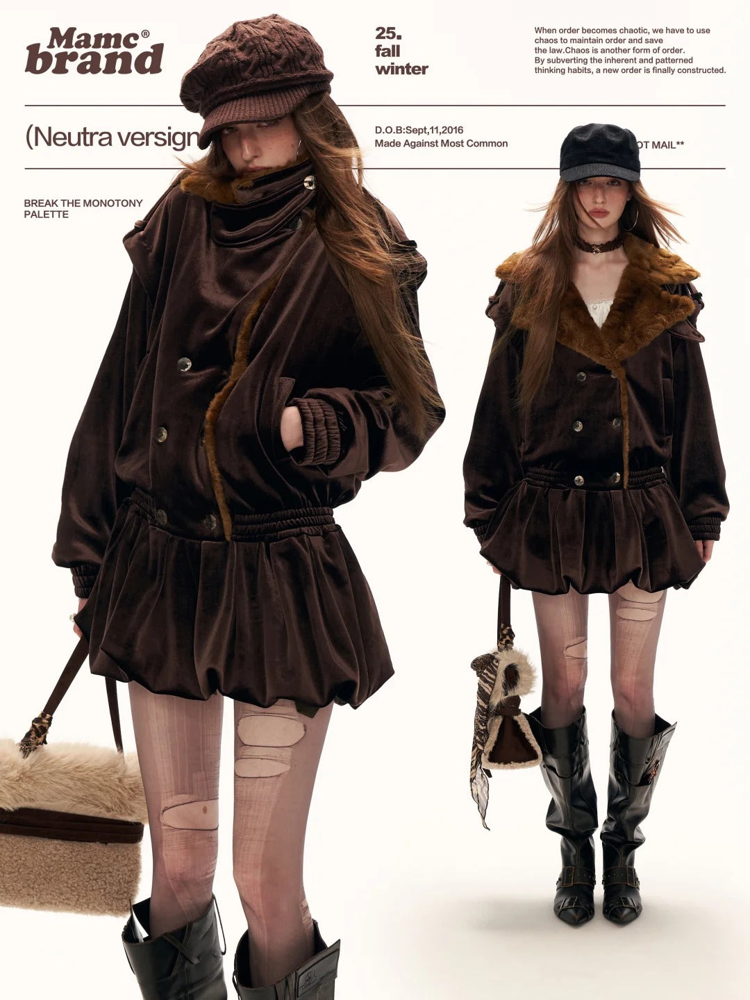 MAMC - Brown Bubble-Hem Faux Fur Panel Dress WE886