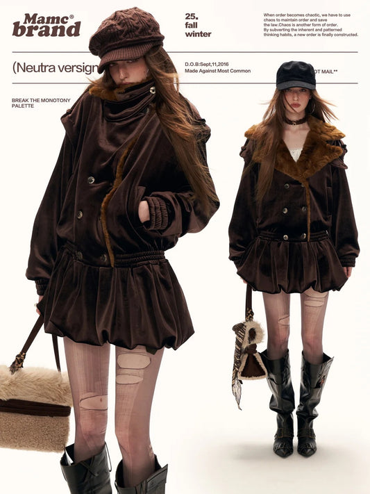 MAMC - Brown Bubble-Hem Faux Fur Panel Dress WE886