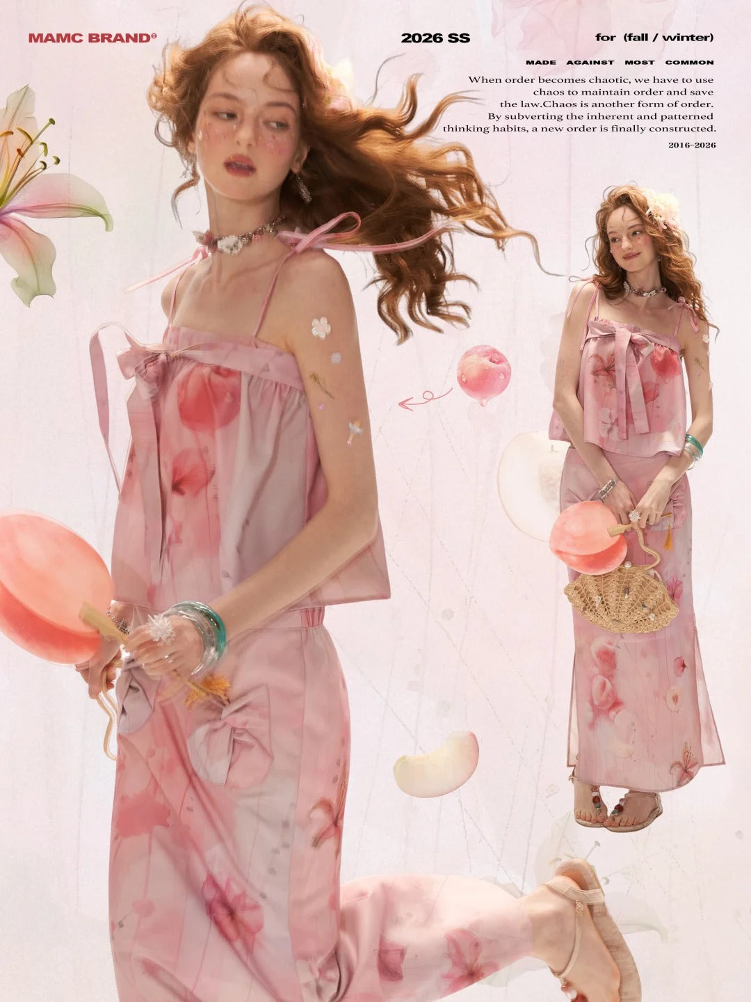 "Peach Bloom Mood" Bow Cami & Midi Skirt Set WE906
