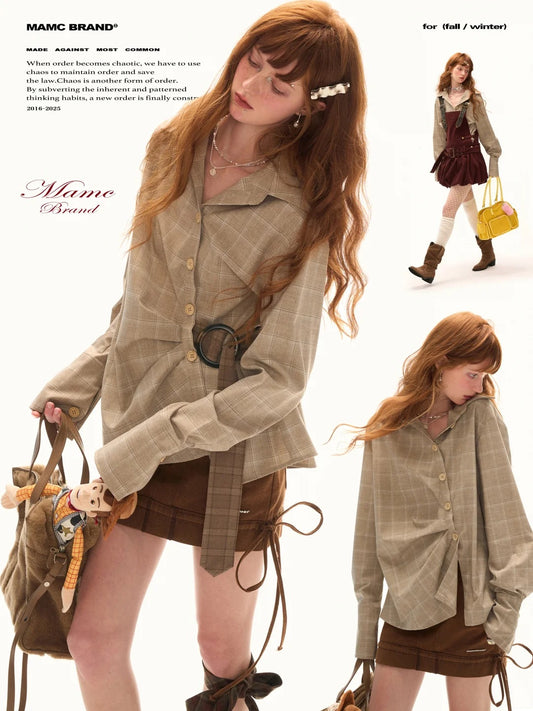 MAMC - Taupe Houndstooth Ring-Belt Shirt – Cinched Waist Fall Streetwear Blouse