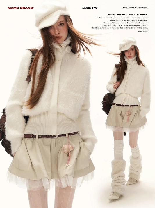MAMC - White Wing-Detail Turtleneck Zip-Up Knit Sweater WE914