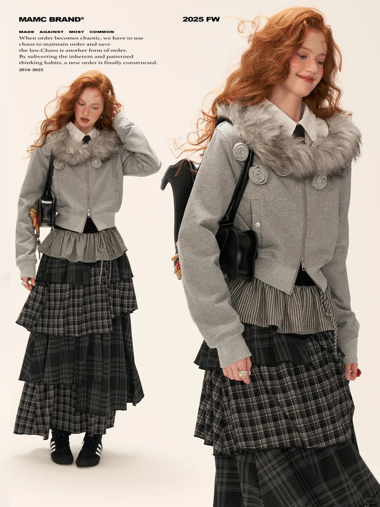 MAMC - Asymmetrical Shoulder Detachable Fur Collar Floral Jacket WE762 - GRAY
