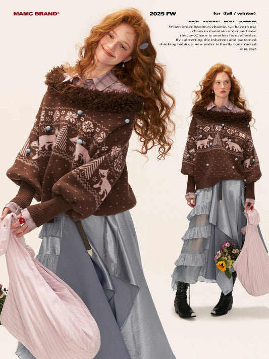 MAMC - Fox Fair Isle Deep V-Neck Oversized Sweater WE780 (Mocha)