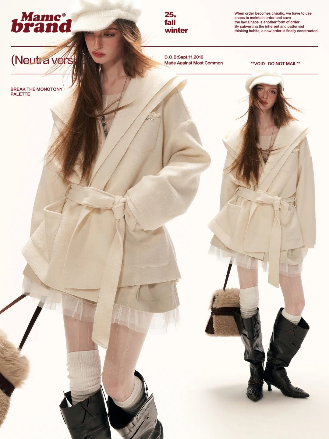 MAMC - White Double-Hood Wool Blend Tie Coat WE896