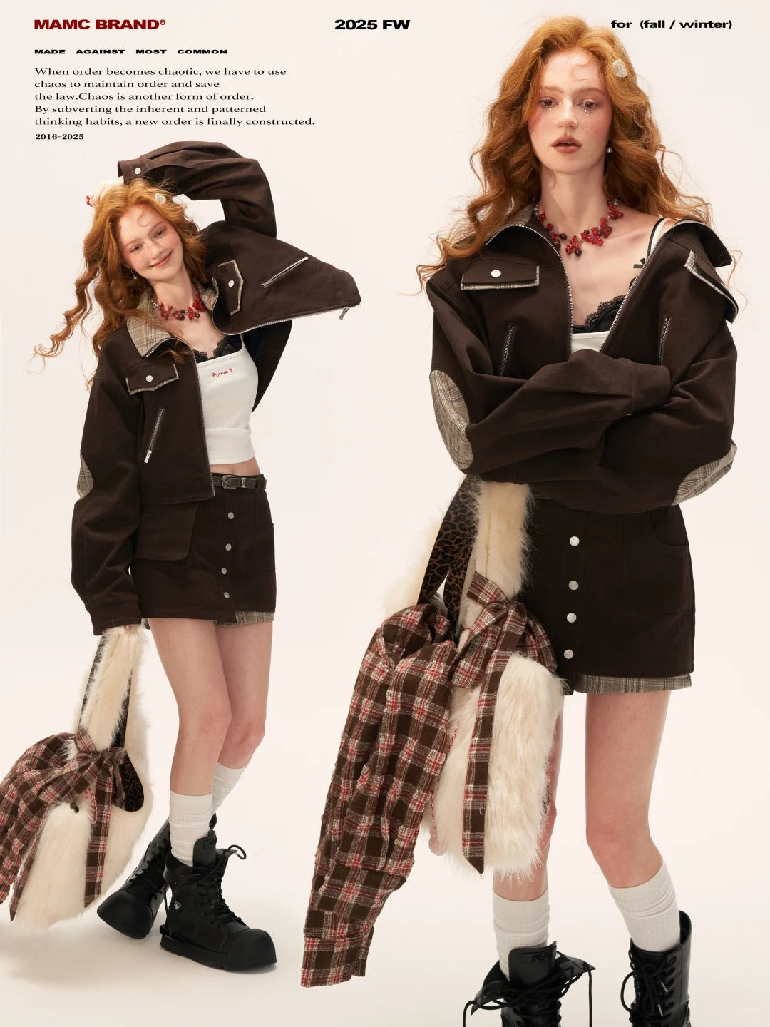 MAMC - Coffee Brown Plaid Patchwork Cropped Jacket & Skirt Set