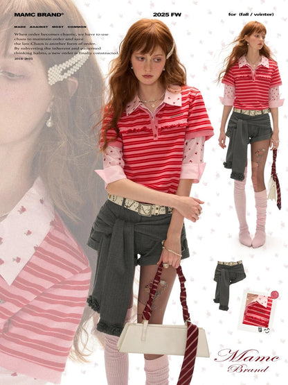 MAMC - Red Striped Layered-Look Polo Tee