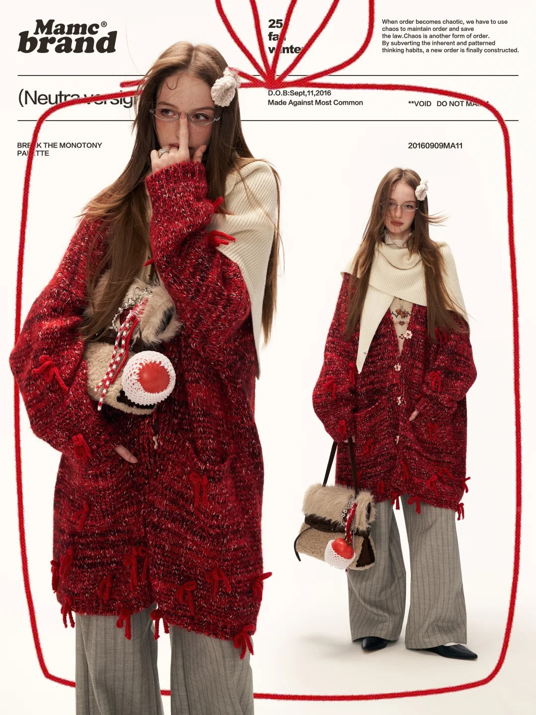 MAMC - Mid-Length Red Bow & Floral Knit Cardigan WE900