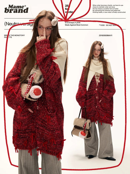 MAMC - Mid-Length Red Bow & Floral Knit Cardigan WE900