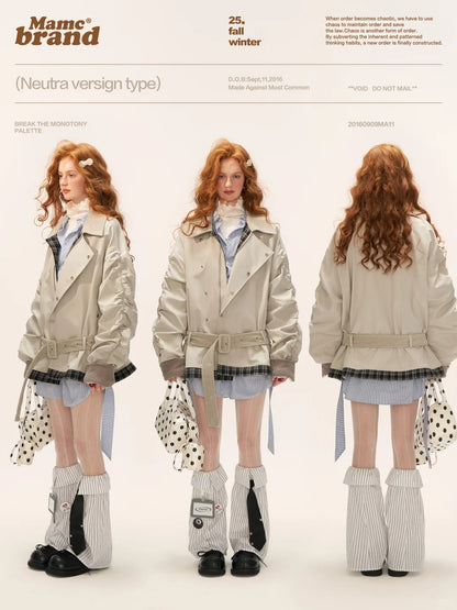 MAMC - Light Gray Corduroy Collar Plaid Patch Jacket WE848