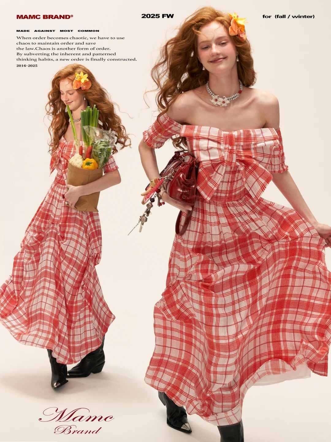 MAMC - Red Plaid Bow Maxi Dress – Off-Shoulder Waist-Cinched Vacation Outfit