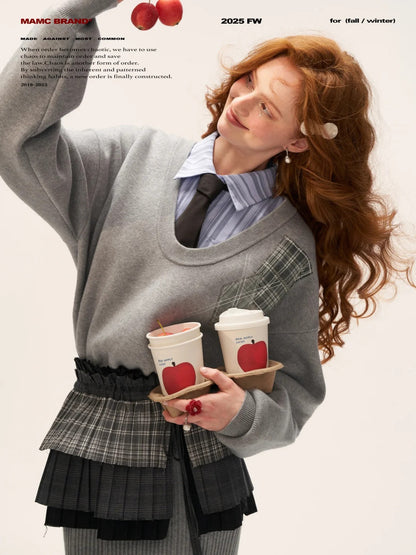 MAMC - Plaid Patchwork Knit Dress with Pleated Layered Apron Skirt WE812