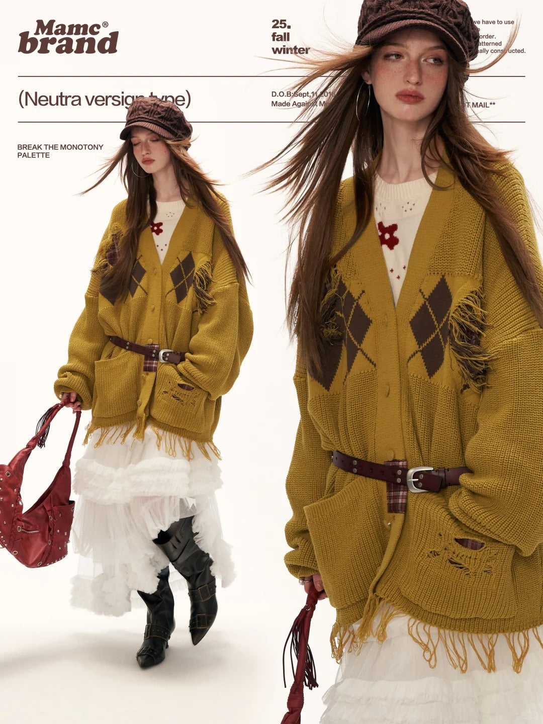 MAMC - Fringe-Appliqué Loose Knit Cardigan – Yellow WE811