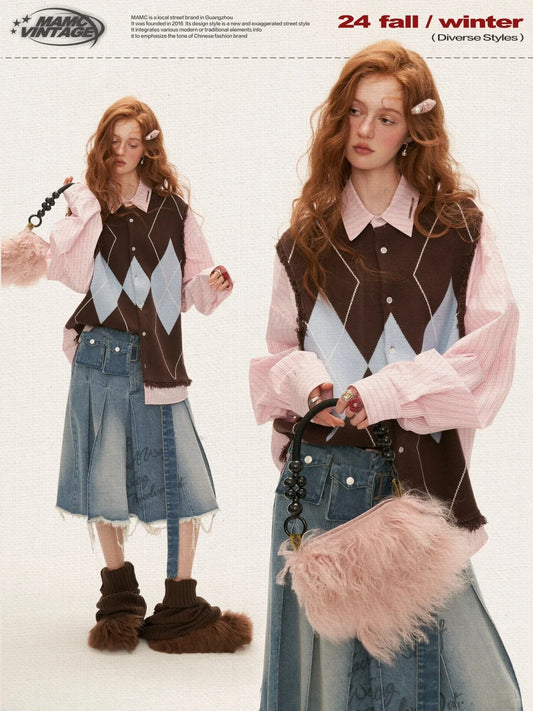 MAMC - Splicing Lattice Long-Sleeved Sweater Shirt