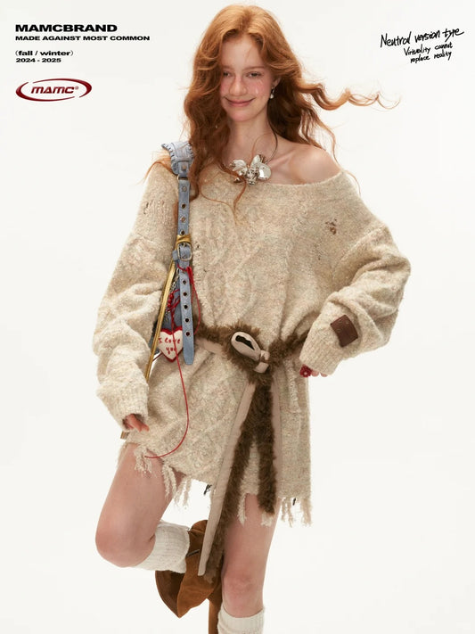 MAMC - Off-Shoulder Fringe Knit Cardigan with Waist Belt