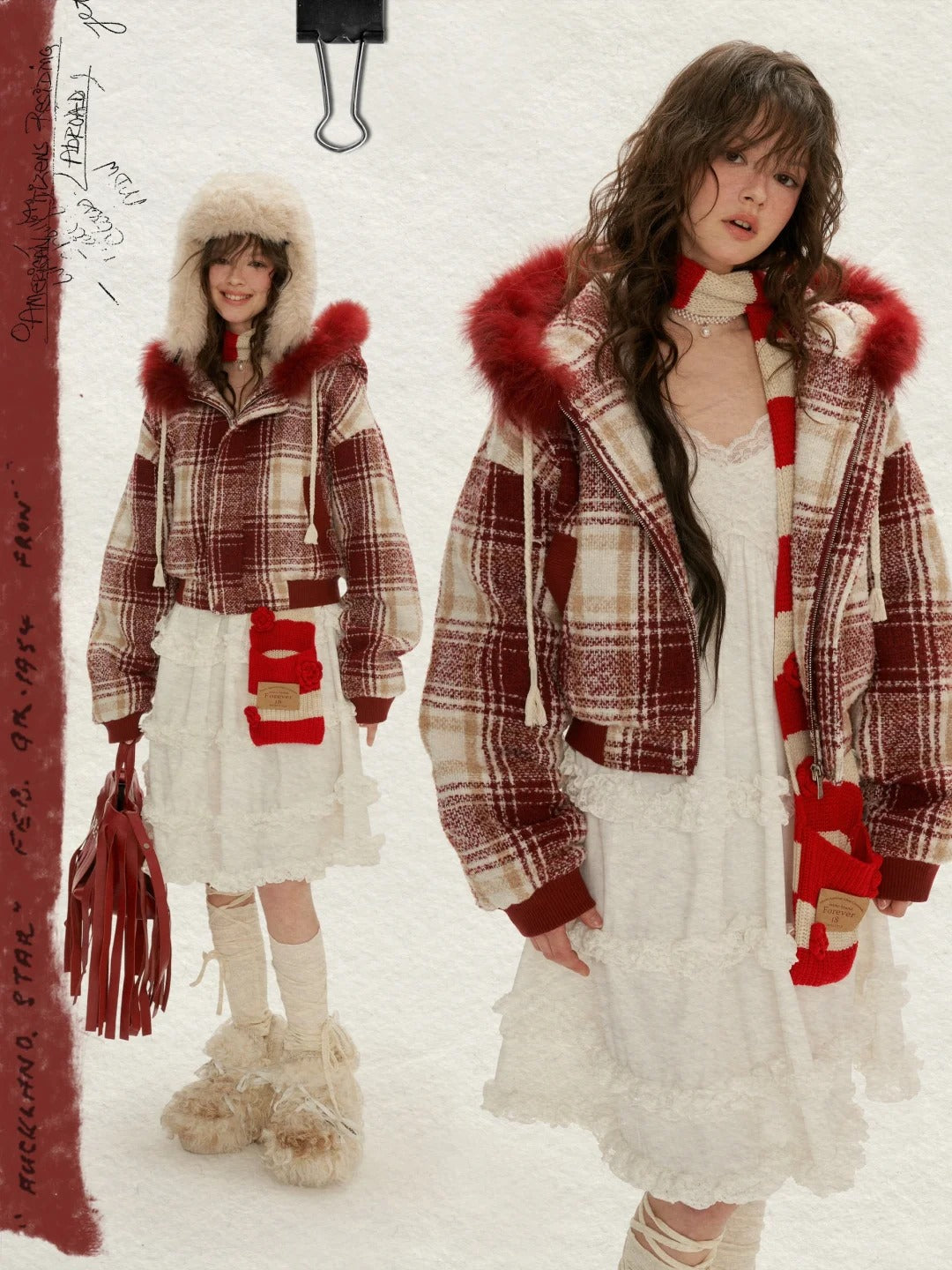 MAMC - Woven Plaid Contrast-Fur Hooded Jacket