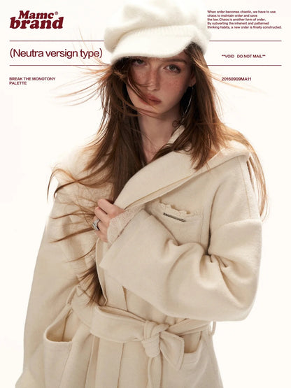 MAMC - White Double-Hood Wool Blend Tie Coat WE896