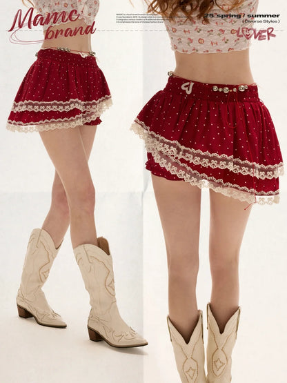 MAMC - Double-Layer Asymmetric Polka Dot Skirt with Built-In Bloomers
