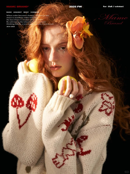 White Knit Cardigan with Apple & Cherry Embroidery WE751