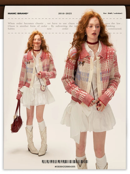 MAMC - Red Plaid Merino Wool Knit Cardigan WE831