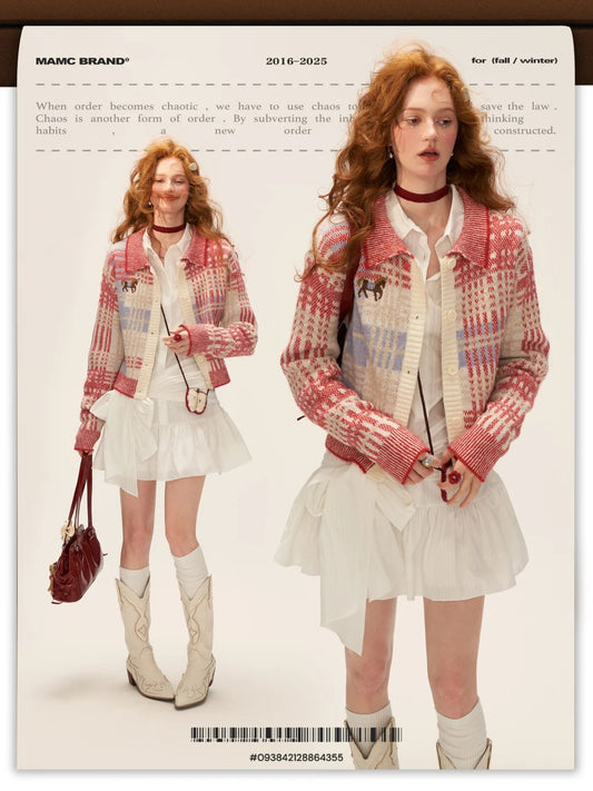 MAMC - Red Plaid Merino Wool Knit Cardigan WE831
