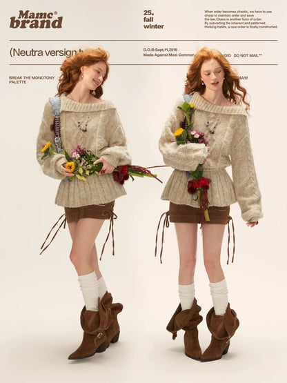 MAMC - Beige Cable Knit Tie-Waist Sweater WE835