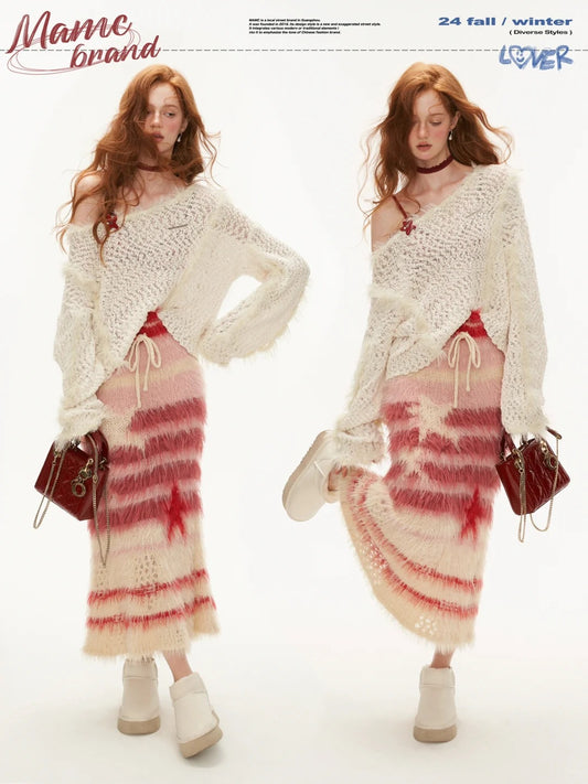 MAMC - Fur Top And Striped Skirt