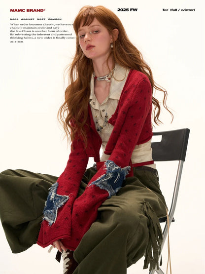 MAMC - Star Patch Cropped Knit Cardigan (Wine Red)