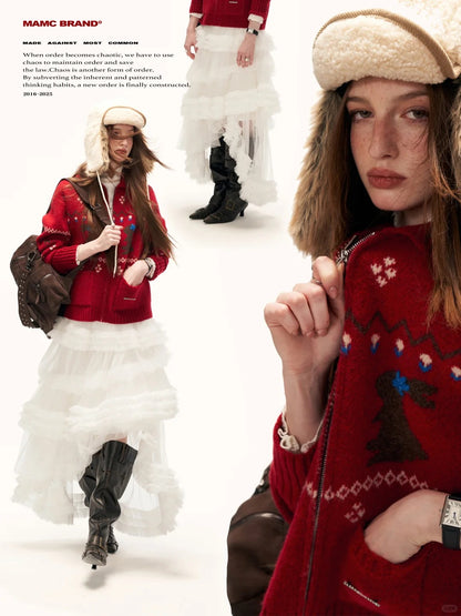 MAMC - Cozy Snowflake Bunny Knit Cardigan – Red WE873