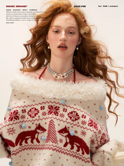 MAMC - Fox Fair Isle Deep V-Neck Oversized Sweater WE780 (Cream)