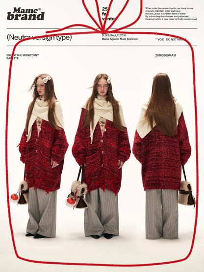 MAMC - Mid-Length Red Bow & Floral Knit Cardigan WE900