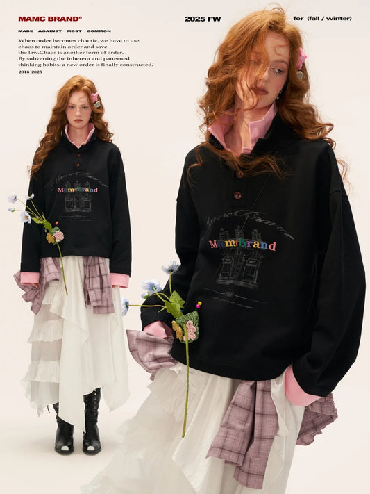 MAMC - Fake Two-Piece Buttoned Polo Sweatshirt WE823 - BLACK