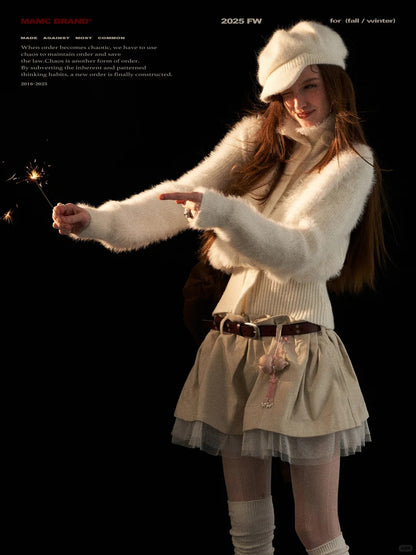 MAMC - White Wing-Detail Turtleneck Zip-Up Knit Sweater WE914
