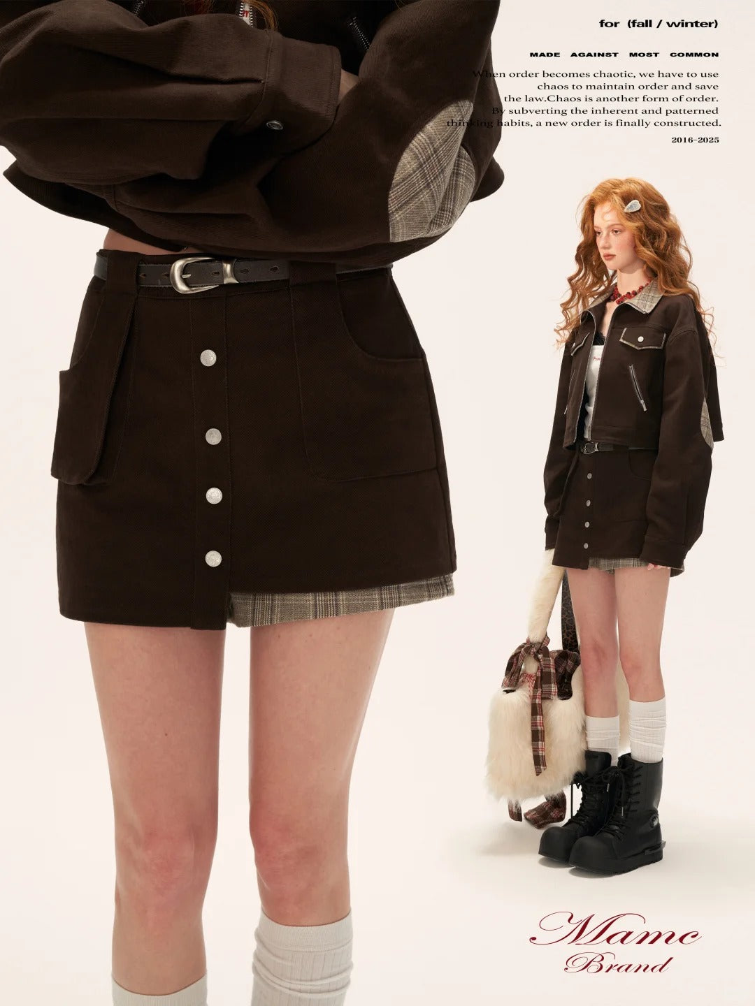 MAMC - Coffee Brown Plaid Patchwork Cropped Jacket & Skirt Set