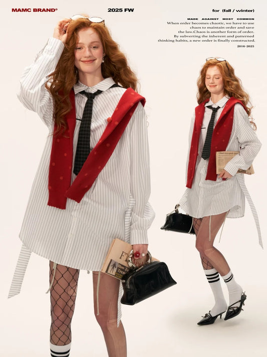MAMC - Striped Long Sleeve Shirt with Tie (White Stripes)