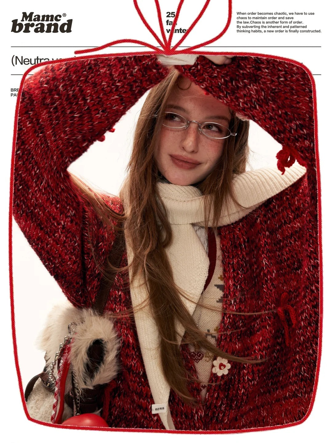 MAMC - Mid-Length Red Bow & Floral Knit Cardigan WE900