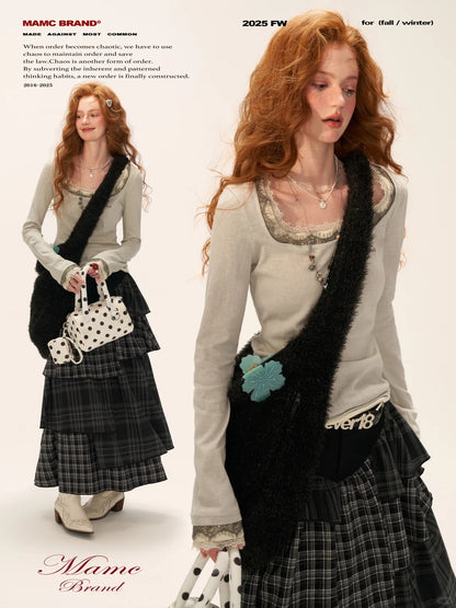 MAMC - Layered Lace Trim Long Sleeve T-Shirt (Gray)