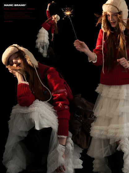 MAMC - Cozy Snowflake Bunny Knit Cardigan – Red WE873