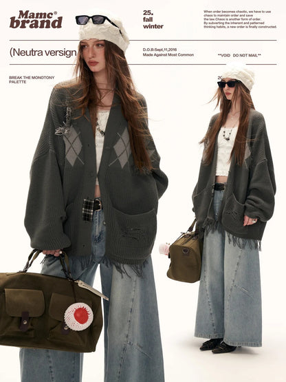 MAMC - Fringe-Appliqué Loose Knit Cardigan – Gray WE811