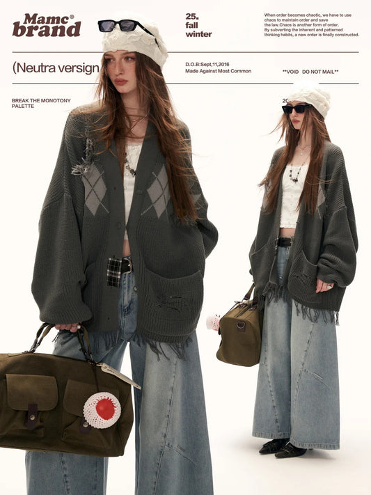 MAMC - Fringe-Appliqué Loose Knit Cardigan – Gray WE811