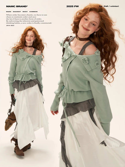 MAMC - Off-Shoulder Rose Button Knit Cardigan (Mint Green)