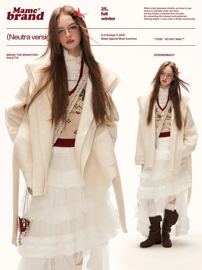 MAMC - White Double-Hood Wool Blend Tie Coat WE896