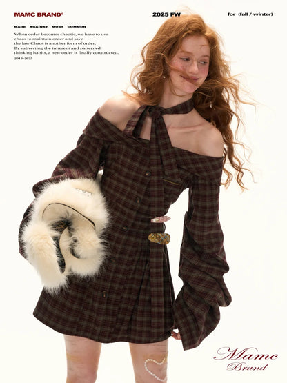 MAMC - Burgundy Grunge Off-Shoulder Plaid Dress
