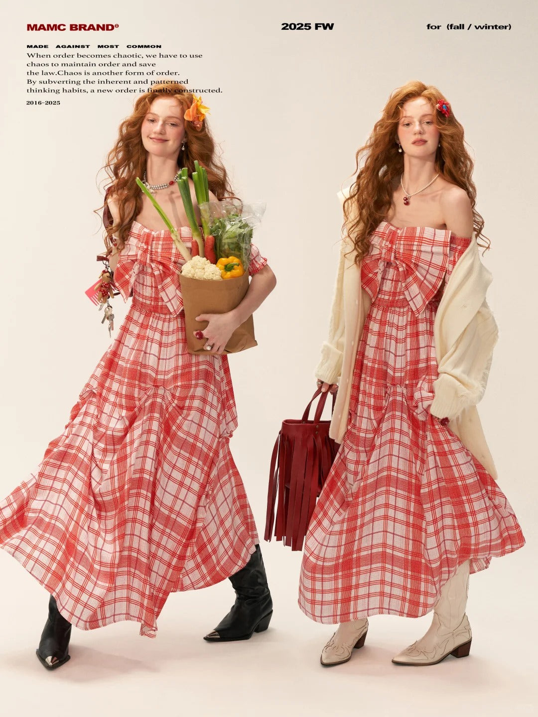 MAMC - Red Plaid Bow Maxi Dress – Off-Shoulder Waist-Cinched Vacation Outfit