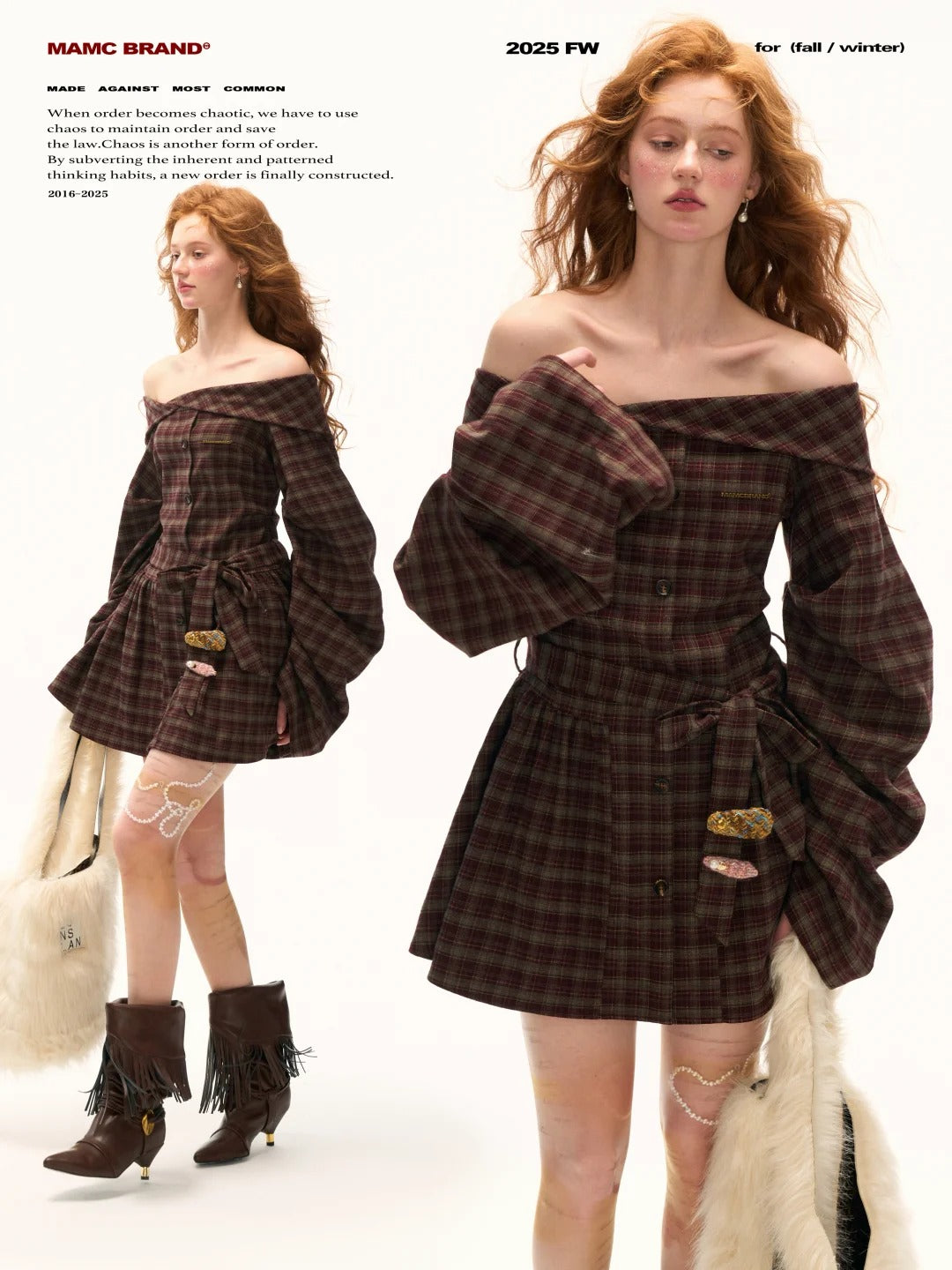 MAMC - Burgundy Grunge Off-Shoulder Plaid Dress
