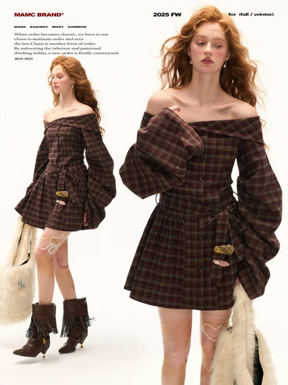 MAMC - Burgundy Grunge Off-Shoulder Plaid Dress